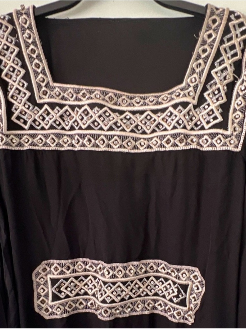 Black Embroidered Square-Neck Tunic Top